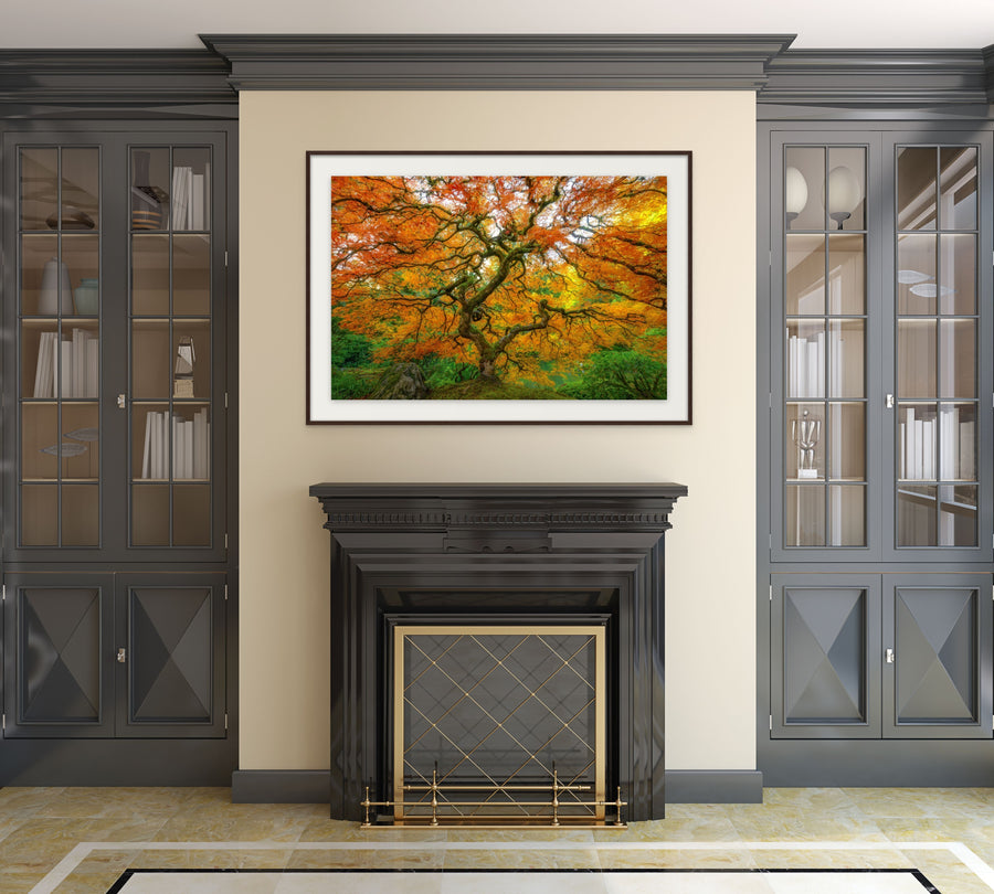 Tree of Life PNW open edition custom size shown above fireplace